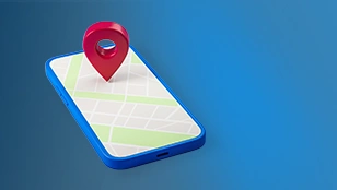 Smartphone con mappa e puntatore rosso tridimensionale