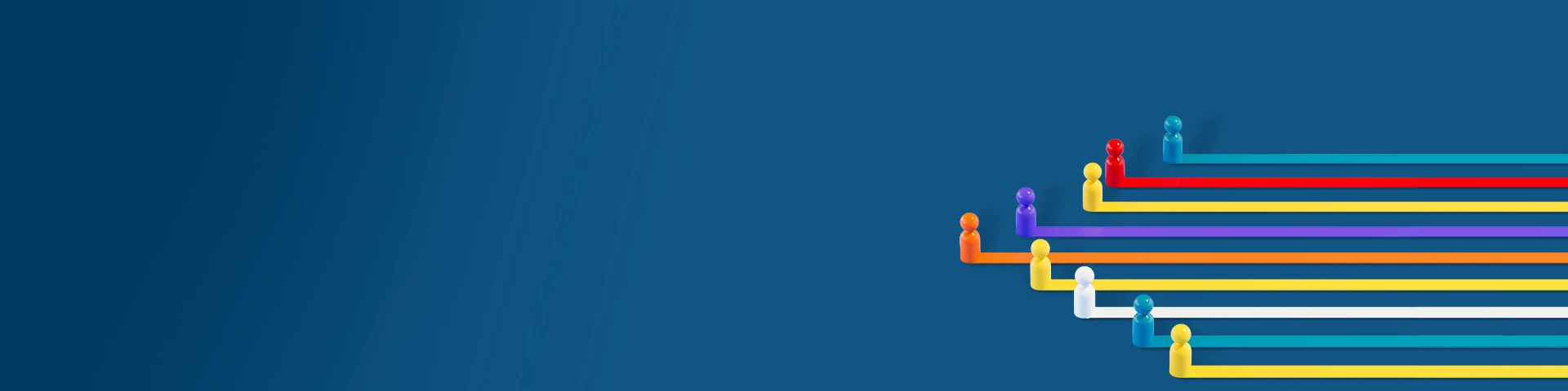 Una visualizzazione dall'alto su uno sfondo blu scuro mostra una serie di segnalini colorati (pioli da gioco) disposti sul lato sinistro. Partendo da ogni segnalino, si estende orizzontalmente da sinistra verso destra una lunga linea dello stesso colore, con un effetto di ombra allungata che crea un pattern a strisce colorate. I segnalini e le relative linee sono, dall'alto verso il basso: rosso, giallo scuro, viola, arancione, giallo chiaro, bianco, azzurro e giallo brillante.